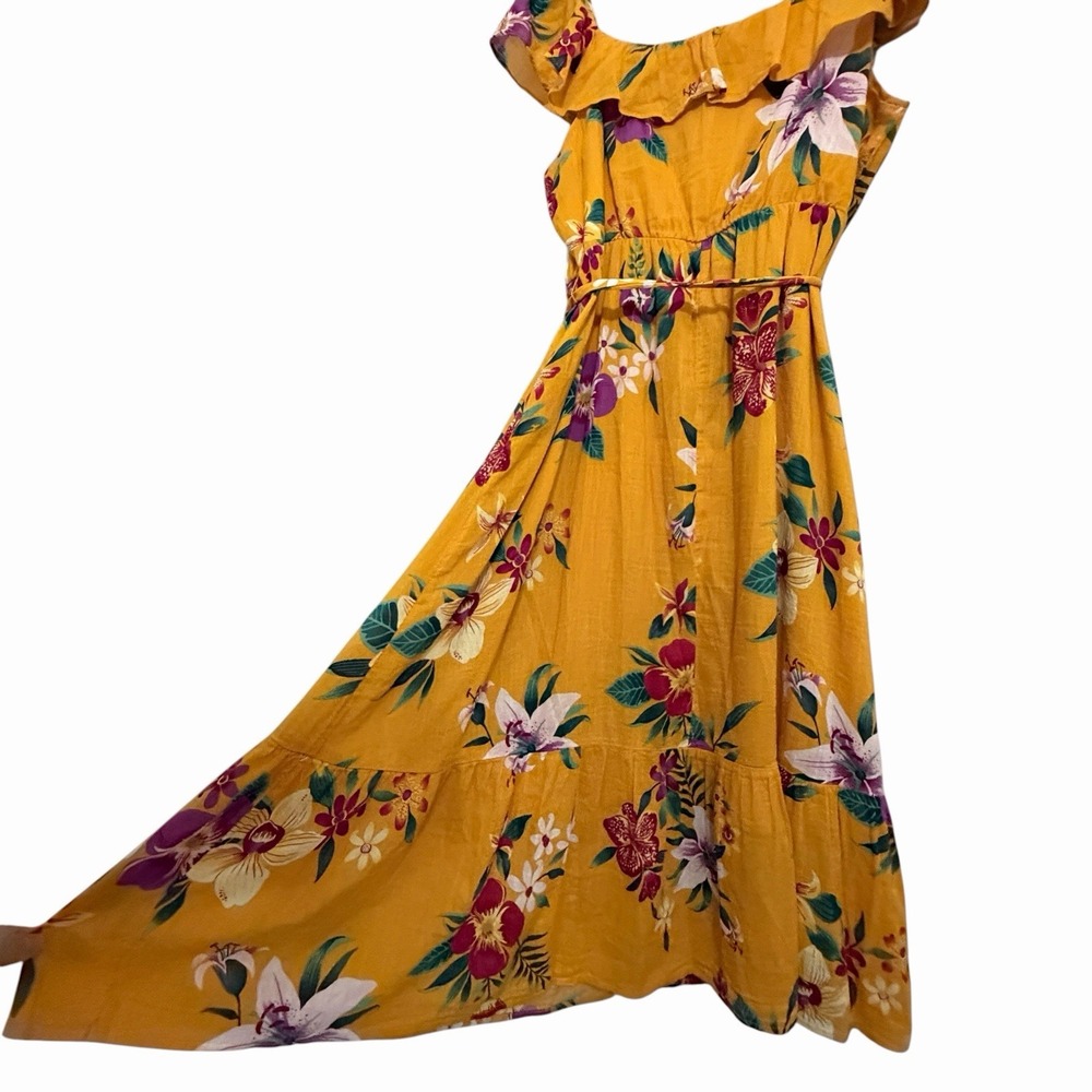 Old Navy Tropical Dress Midi Yellow Ruffle Off Shoulder Beachy Resort Boho L